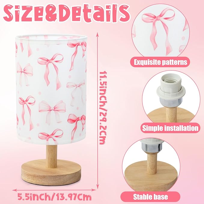Bow Kids Table Lamp for Bedroom Kids Bedside Lamp with Linen Wooden Nightstand Cartoon Nursery Lampshade for Girls Room Pink Bow Decor - Image 2