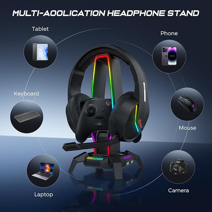 MARVO RGB Headphone Stand Data Transmission, 9 Lights Mode Headset Holder with 1 USB-C & 3 USB Ports & 1 3.5mm Jack Port, Ultimate Gaming Accessories for Gamers for PS, Xbox, PC - Image 7