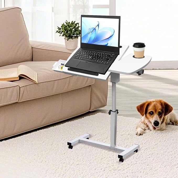 Overbed Table with Wheels Adjustable Height, Tiltable Desktop with Tray, Over Bed Table Rolling Bedside Tables, Medical Mobile Standing Desk, for Hospital Office Bedroom Sofa, White - Image 2