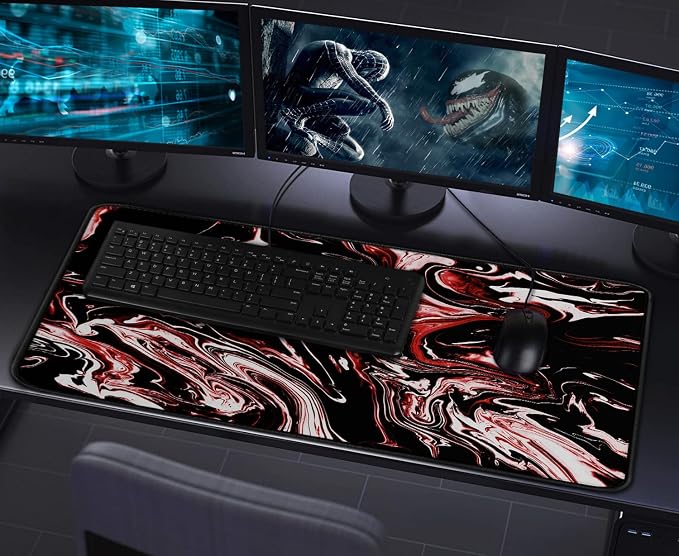 Large Extended Mouse Pad with Stitched Edges, Durable Non-Slip Natural Rubber Base, Waterproof Computer Keyboard Pad Mat for Esports Pros/Gamer/Desktop/Office/Home - Marble Red - Image 7