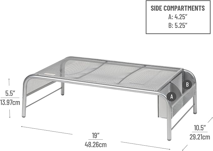 Mind Reader Monitor Stand, Ventilated Laptop Riser, Desktop Organizer, Side Storage, Metal Mesh, 20"L x 11.5"W x 5.5"H, Silver - Image 3