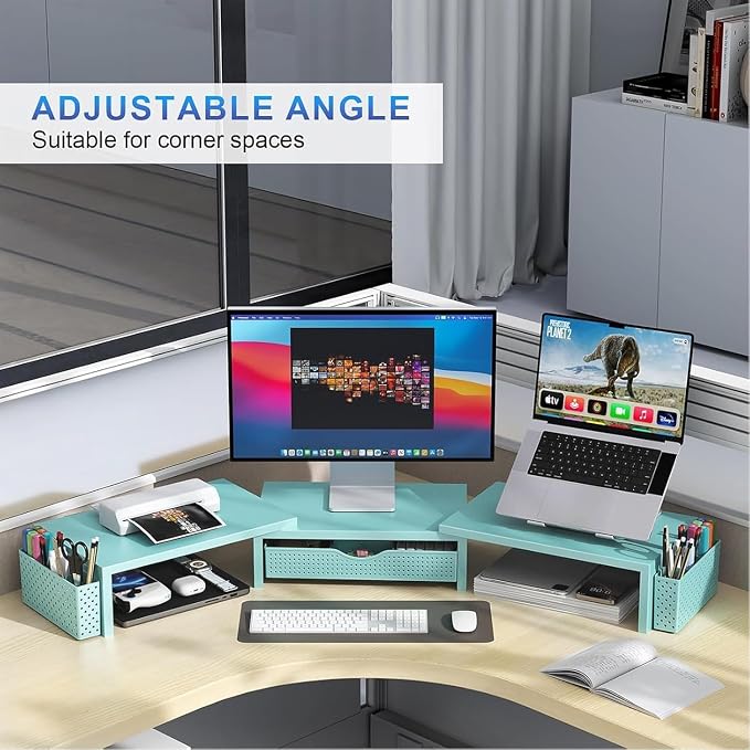 gianotter Dual Monitor Stand Riser With Drawer and 2 Pen Holders | Computer Monitor Stand Desk Organizer and Accessories Desk Shelf for Top of Desk (Blue) - Image 3