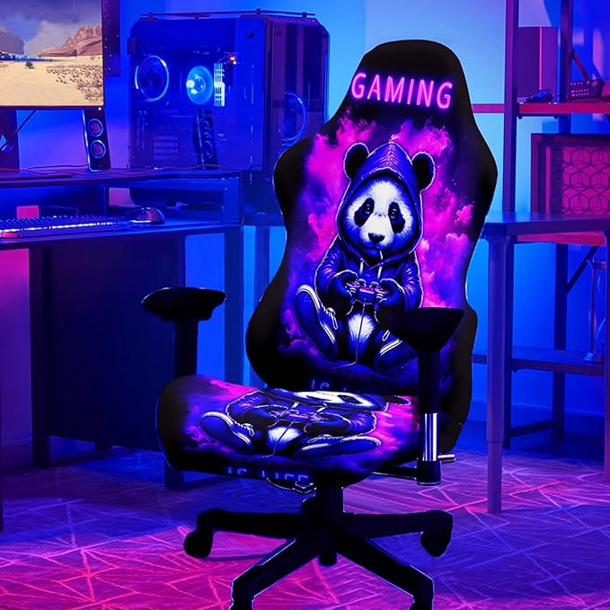 Blacklight Gaming Chair Cover – UV Reactive Neon Glow Panda Design, Stretch Washable Slipcover for Esports Chairs, Gamer Room Decor by SparkLia