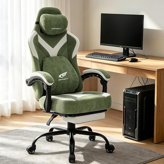 Ergonomic Gaming Chair for Adults - Comfortable Office Computer Chair with 20.5” Wide Seat, Adjustable Video Game Chair with Footrest and Lumbar Support for Home Office, Green - Image 2