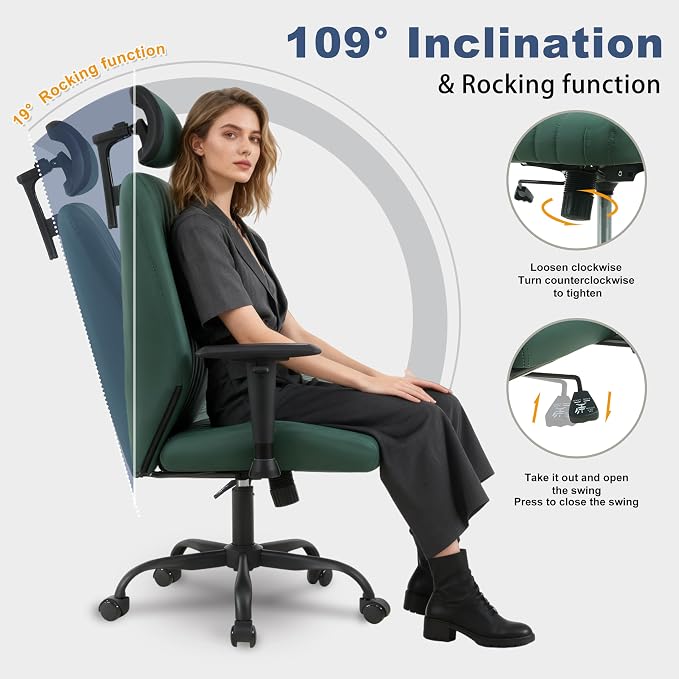 Symino Office Chair Ergonomic with 109° Rocking Function, Premium PU Leather, Integrated Lumbar Support, Adjustable Headrest & Armrests, Swivel Desk Chair - Image 4