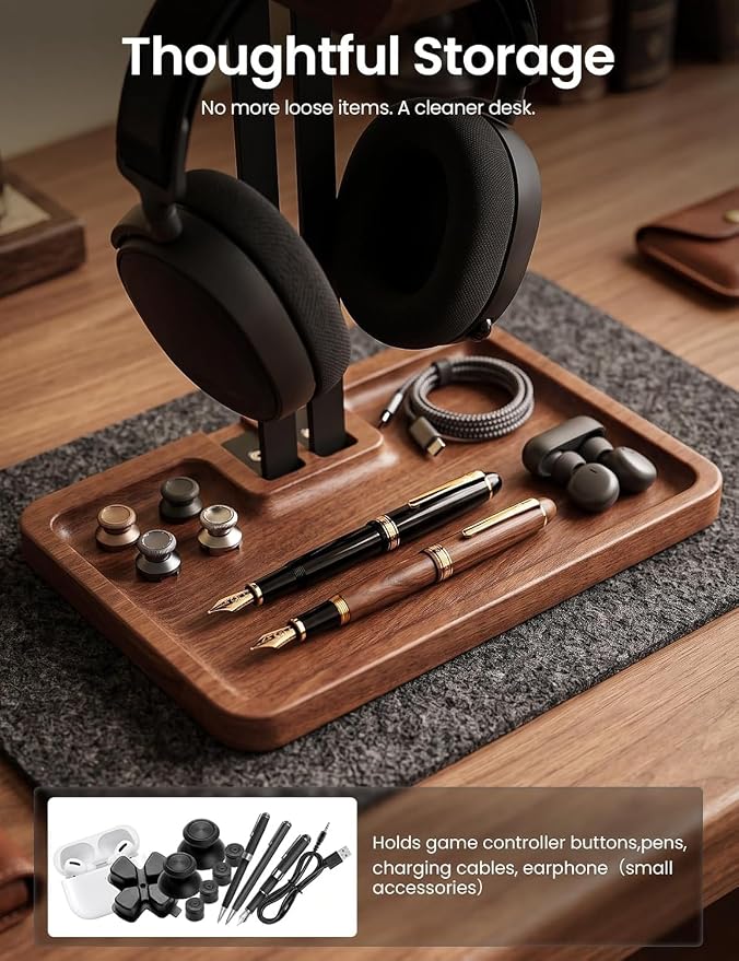 LOXP Walnut Headphone and Controller Stand, 2-in-1 Holder with Storage | Solid Wood Gaming Headphone Stand, Built-in Storage, Non-Slip, Fits Xbox PS5 Switch Controllers, Desktop Organizer for Gamers - Image 3