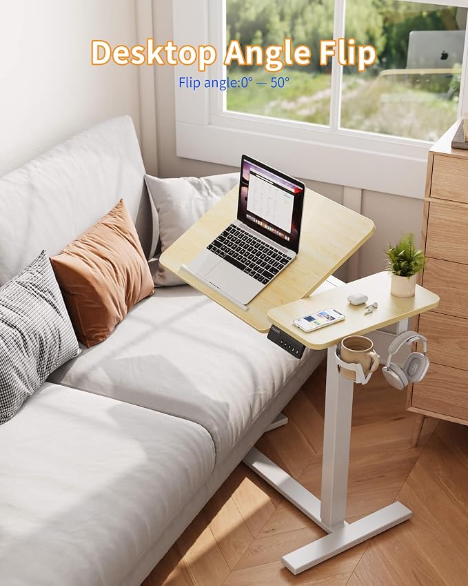 YIHAYO 24 x 16 Inches Electric Adjustable Overbed Bedside Table, Natural - Image 6