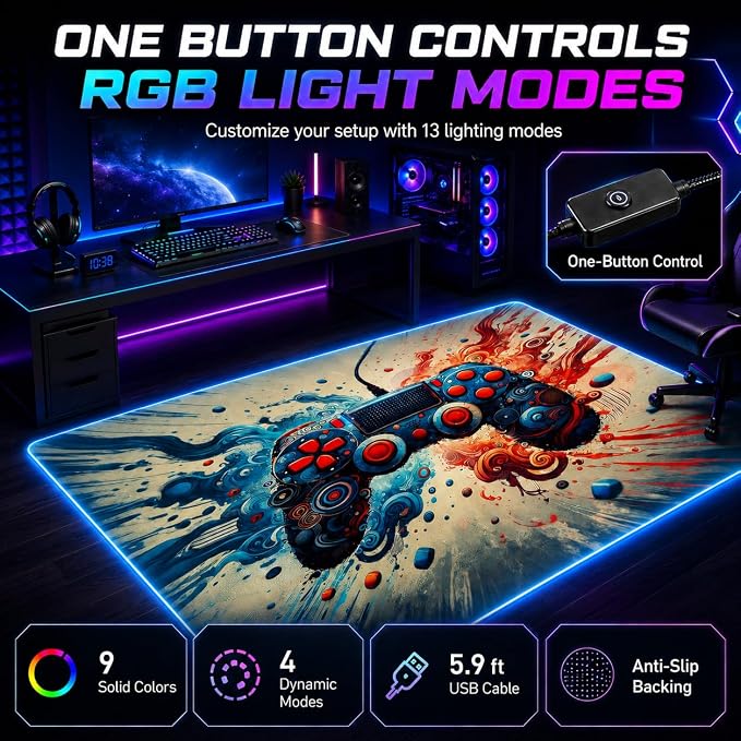 Gaming Rug RGB LED Light (3x5 Waveburst Controller) - Bedroom Gamer Rug Floor Mat Gaming Decor - Kids Room Rug Anti Slip Mat for Gamer Chair – Play Game Room Décor for Teen, Boys, Kids - Image 5