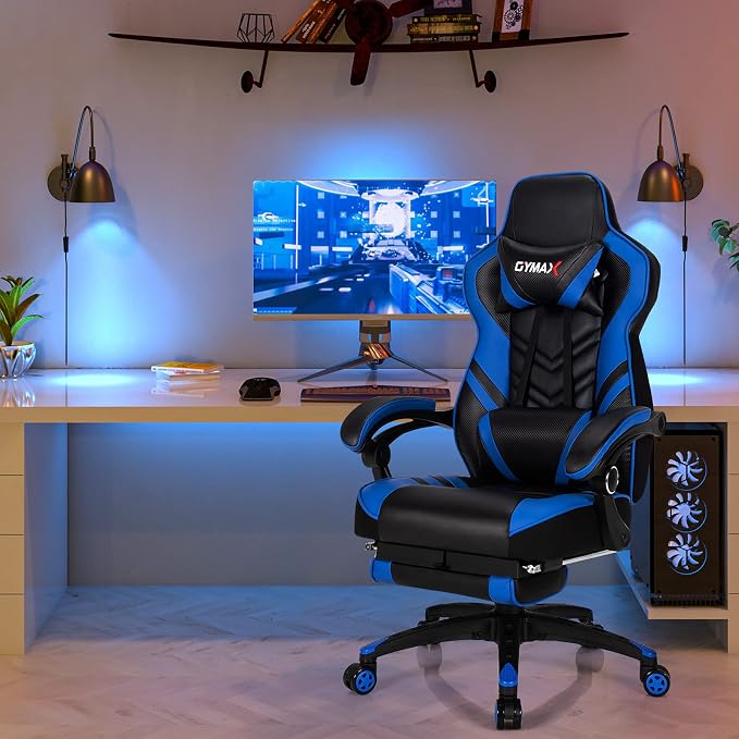 GYMAX Gaming Chair, Ergonomic Computer Chair with Footrest, Linkage Armrests & Lumbar Cushion, Big Wide High Back Video Gaming Chair, Reclining Office Rolling Chair for Adult/Teens (Blue) - Image 8
