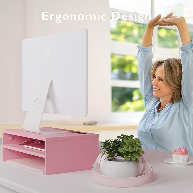 BONTEC Wooden Monitor Stand Riser for Desk, 2-Tier Computer Monitor Stand | 66 lbs Desk Shelf Organizer with Storage, Laptop & Printer Stand with Phone Holder and Cable Management, Pink, 16.5 Inch - Image 4