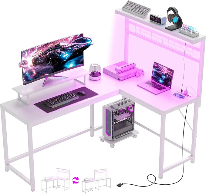 HOMCOM Gaming Desk 62" 2 Person L Shaped Desk, Power Outlets, LED, White by HOMCOM
