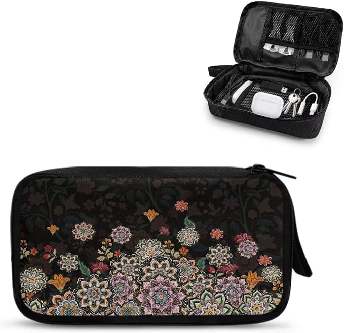 Boho Flower Print Electronic Organizer Travel Universal Accessories Storage Bag Portable for Hard Drives, Cables, Memory Sticks, Charger, Phone, USB, SD Cards by Unknown