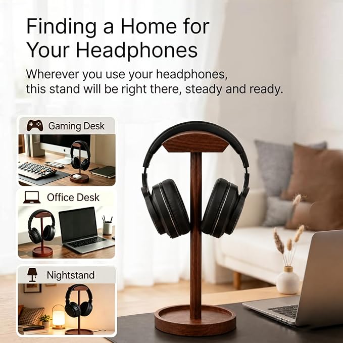 Headphone Stand Nature Wood Headset Hanger Mount Hook Gaming Holder Desktop Earphone Artful Functional Stand for All Headsets with Solid Wooden Base - Image 3