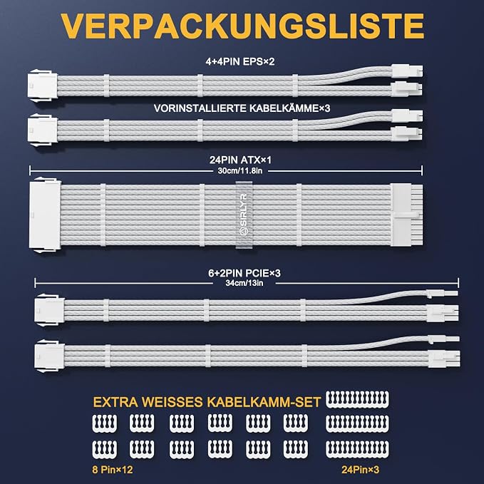 Sirlyr PSU Cable Extension Kit,One Way Bend Design PC Cables - Bright White Braided 1x 24Pin ATX / 2X 8 (4+4) Pin EPS/Gold-Plated 2X 8 (6+2) Pin PCIE for Power Supply,16AWG 5 Kits - Image 7