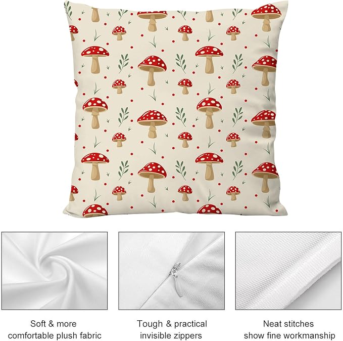 Red Mushroom Throw Pillows Cover 18x18 Set of 2, Decorative Pillow Cases Cute Cushion Covers for Sofa Couch Bedroom Mushroom Living Room Decor - Image 6