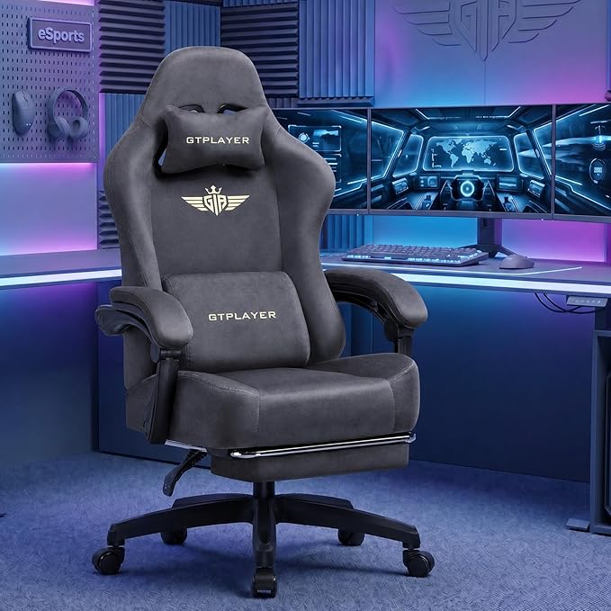 GTPLAYER Big and Tall Gaming Chair 400lbs Heavy Duty Office Chair with Foot Rest, High Back Pocket Spring Ergonomic Computer Chair for Adults, Wide Comfy Seated Cushion with Linkage Armrests, Grey by GTPLAYER