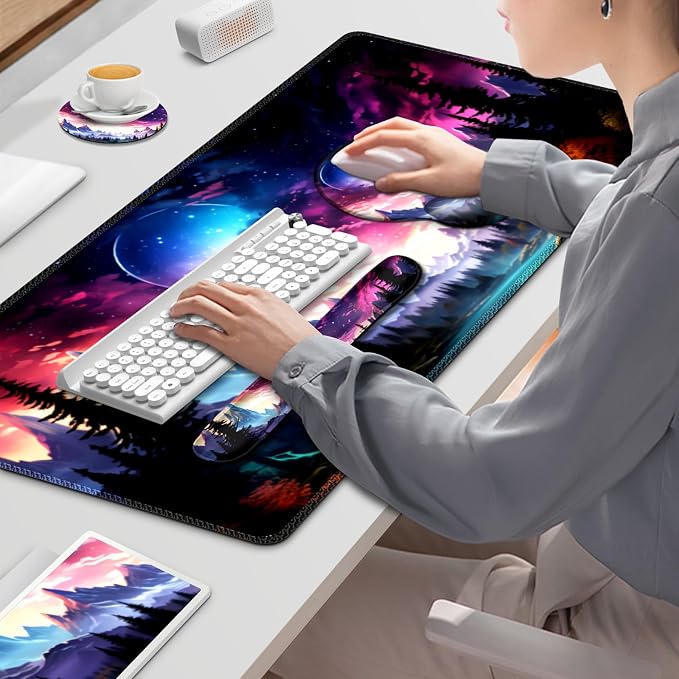 Gaming Mouse Pad, Large Desk Mat, Cute Desk Pad Protector, 4in1 XXL Mousepad + Keyboard Wrist Rest+Mouse Wrist Rest+Coaster Set with Ergonomic Desk Pad for Home Office Table Computer, Purple Hill - Image 9