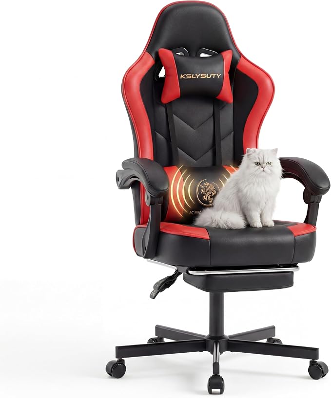 Desk Computer Gaming Chair - High Back Ergonomic Office Chair with Footrest and Lumbar Support, Swivel Comfy Home Gamer Video Game Chairs with Pocket Spring Cushion for Adults (Red Leather) by KslysutyFurniture