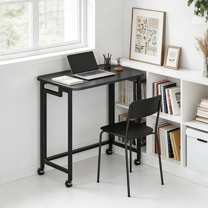 JSB Folding Desk for Small Spaces,Mobile Portable Rolling Laptop PC Table on Wheels,Foldable Computer Desk for Home Office,Bedroom,Dorm,Space Saving (All Black, 23.6") - Image 8