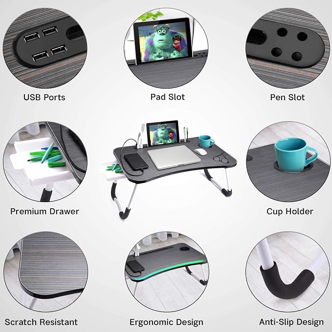 Slendor Bed Desk for Laptop and Writing with Storage, Cup Holder, Light - Image 5