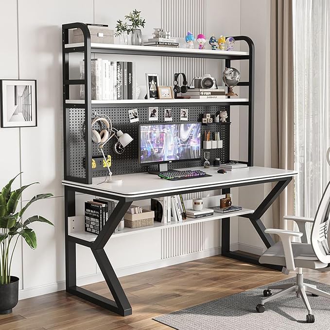 Gaming Desk, Bookshelf Desk, Home Office Computer Desk with Hutch, Gaming Desk with Pegboard, Home Desk with Built-in Bookshelf Combination, for Workspace and Study by Unknown