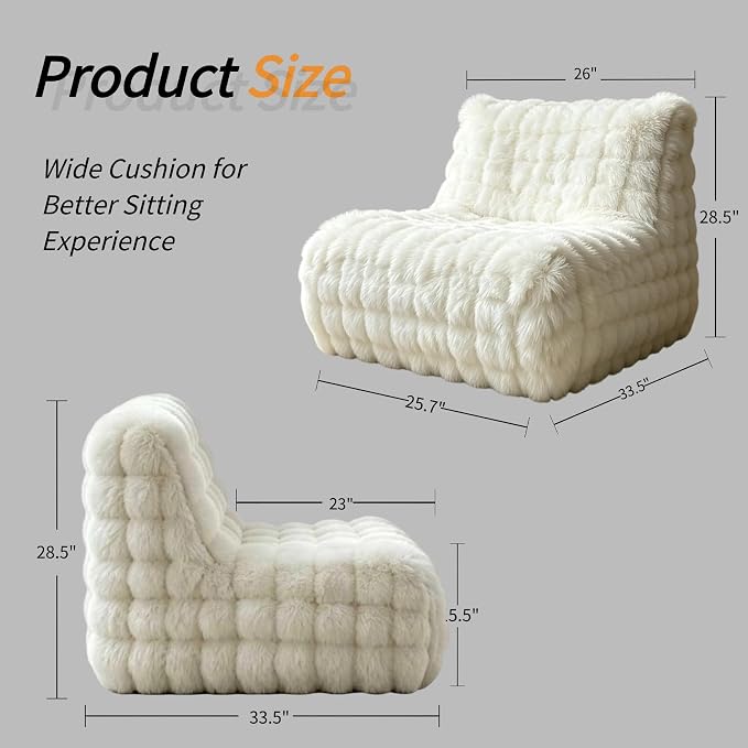 Cozy Memory Foam Faux Fur Floor Bean Bag Chair, White | Soft fluffy faux fur exterior, memory foam padded bean bag, versatile lounge seat for bedroom decor & leisure use - Image 2