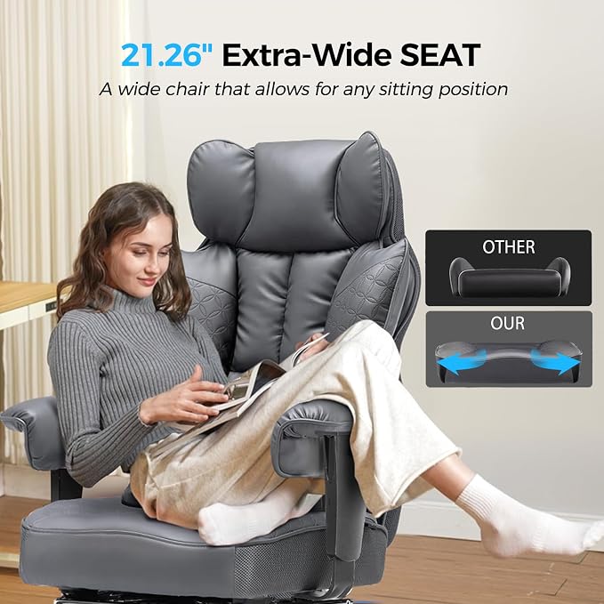 COMHOMA Big and Tall Office Chair Heavy Duty Wide Ergonomic Gaming Chair with Deluxe Embossing Designed Leather with Foot Rest,150°Reclining Adjustable Armrests Pocket Spring Back Support and Pillow - Image 6