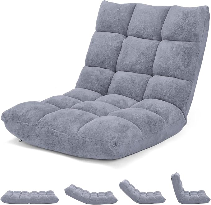 Folding Floor Chair with Back Support, Floor Seat, Lazy Sofa Chair | 14 Adjustable Position, Soft Coral Fleece, Thick Foam, Steel Frame Gaming Chair for Adults, Meditation, Living Room (Gray) by BUYNOW