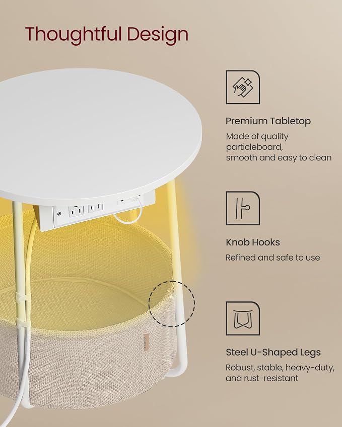 VASAGLE Side Table with Charging Station,Fabric Basket, LED Round End Table - Image 7