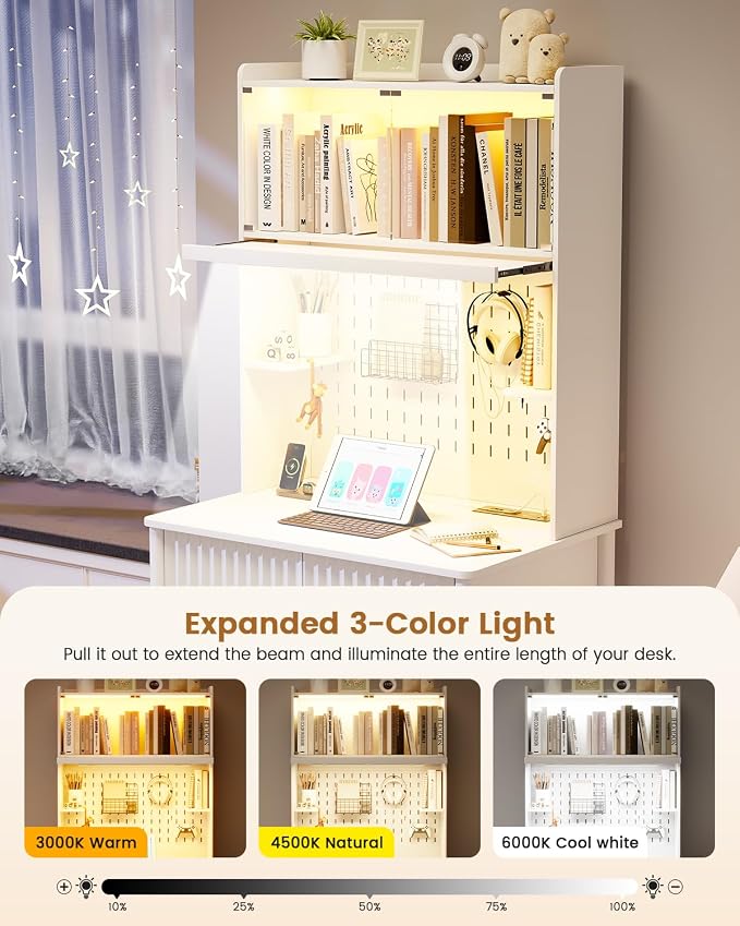 HNEBC White Computer Desk - with Power Outlets & Chariging Station,Small Writing Desk with Hutch and Drawers,66.3''H Office Desk with Pull-Out LED Lights,Pop-up Glass Door,Pegboards,Bedroom - Image 3