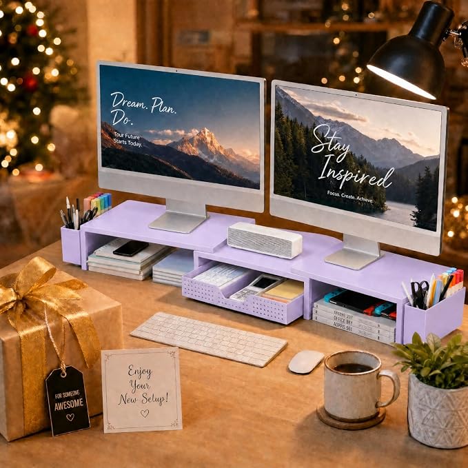 OPNICE Desk Organizers and Accessories, Dual Monitor Stand Riser with Drawer and 2 Pen Holders, Desk Shelf Computer Racks for Office Workspace Organizers, Desktop Organization (Purple) - Image 9