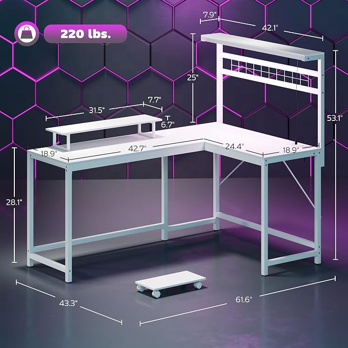 HOMCOM Gaming Desk 62" 2 Person L Shaped Desk, Power Outlets, LED, White - Image 3