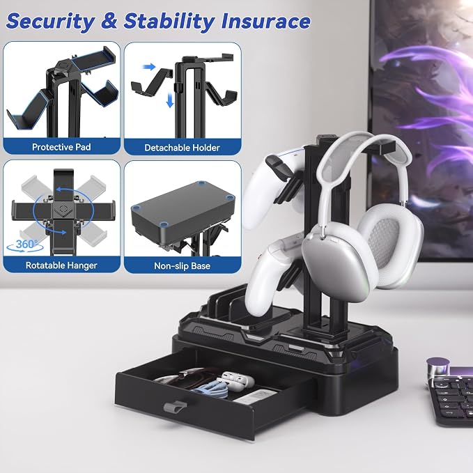 KDD Headphone Stand with Drawer - Rotatable Headset & Detachable Controller Holder for Desk - Multifunctional Organizer with Device Slot for Phones, Tablets - Universal for Gaming Accessories - Image 4