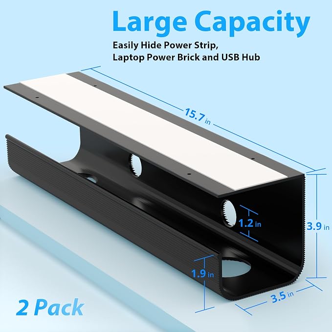ZhiYo 2 Pack Large Capacity Cable Management Tray 31.5in (2xL15.7in), Thick PVC Under Desk Cable Tray Kit with 4 Cable Clips & 5 Ties, Standing Cord Management Desk Organizer for Office or Home, Black - Image 3