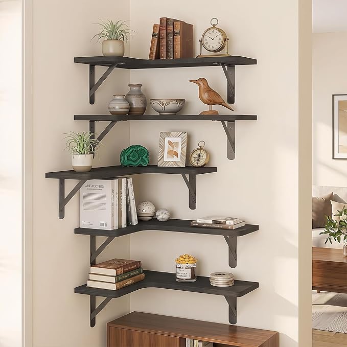 Fixwal Conner Shelves Wall Mounted for Decor, Black Set of 5 - Image 2