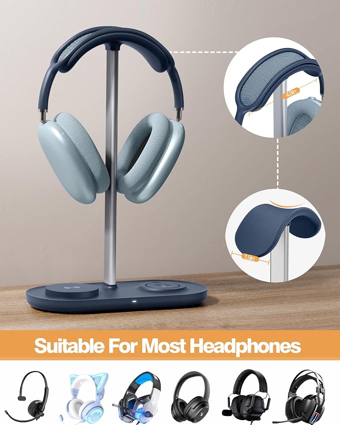 HiWe Headphone Stand, 2-in-1 MagSafe Wireless Charger for iPhone/iWatch | Headset Holder for All Headphones, Aluminum Alloy Bar, ABS Solid Base, PU Headrest, Table Desk Organizer - Image 2