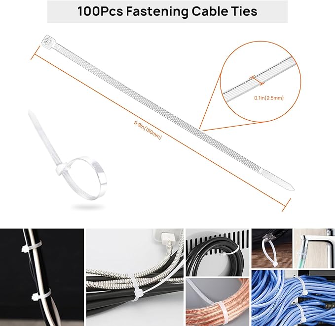193 PCS Cable Management Kit - 4 Cable Sleeve, 57 Self Adhesive Cable Clips, 12 Hanging Strips, 12 Cable Organizer Straps and 100 Fastening Cable Ties for TV Computer Under Desk (White) - Image 8