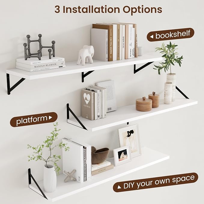 Axeman Floating Shelves for Wall White - 48 Inch Wide x 12 Inch Deep Wall Shelves Set of 2 - White Deep Wood Floating Shelves for Living Room Bedroom Laundry Room - Image 3