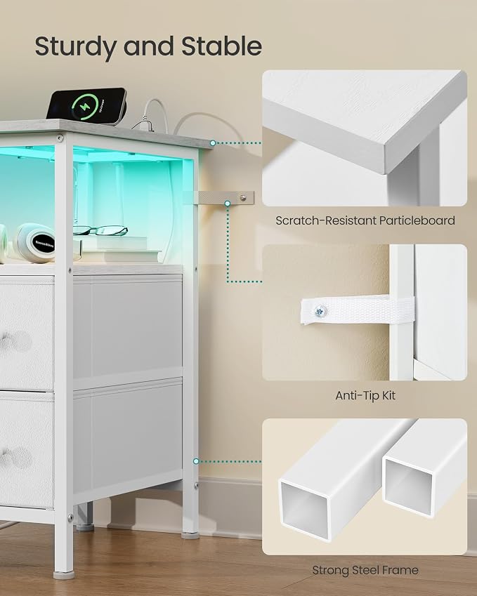 SONGMICS Side Table with LED Light, Narrow End Table with 2 Fabric Drawers - Image 7