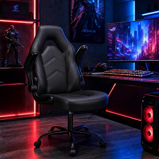 DUMOS Computer Gaming Chair, Home Office Desk Chair, PU Leather | PU Leather, Flip-up Armrest, Swivel Wheels, Lumbar Support, Video Game, Height Adjustable, Black - Image 2