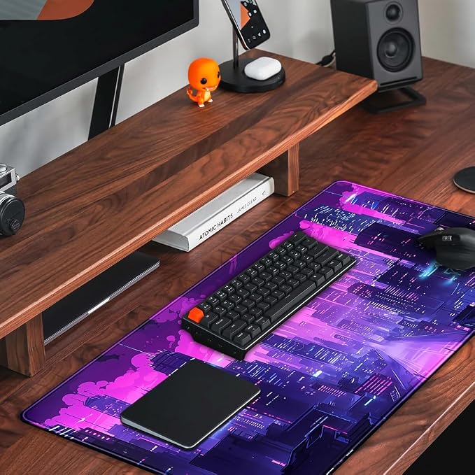 Cyberpunk Neon Purple City Gaming Desk Mouse Pad XL Pink Extended Mouse Pad Gaming, Keyboard Pc Office Laptop Mousepad Large, 31.5x15.8 in with Stitched Eges Non-Slip Base Mouse Pads - Image 5
