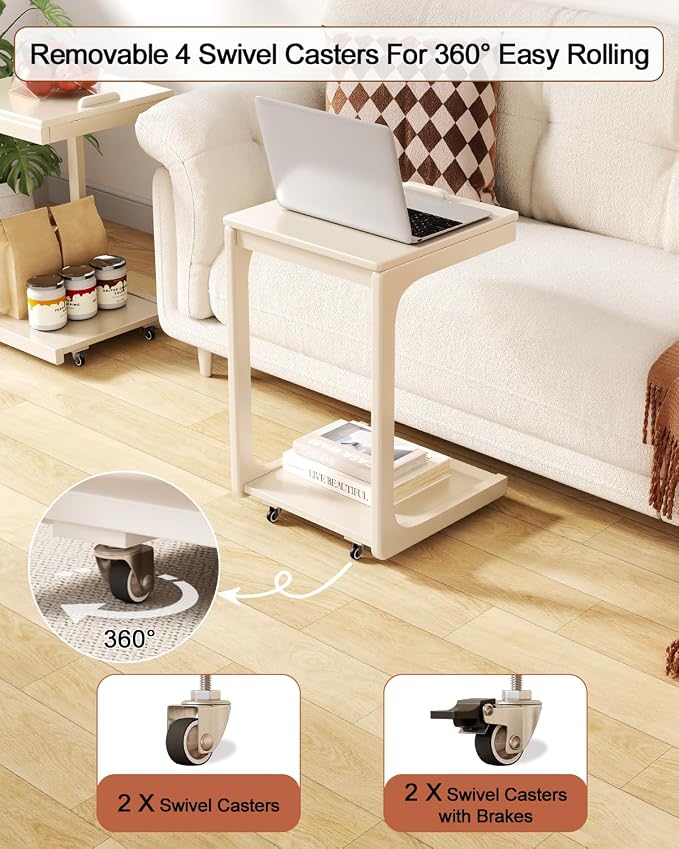 AQIMUELE Wooden C-Shaped End Table,Couch Table with Adjustable Desktop,Small Rolling Side Table with 2 Lockable Wheels,Small End Table for Couch, Living Room,Bedroom (White) - Image 3