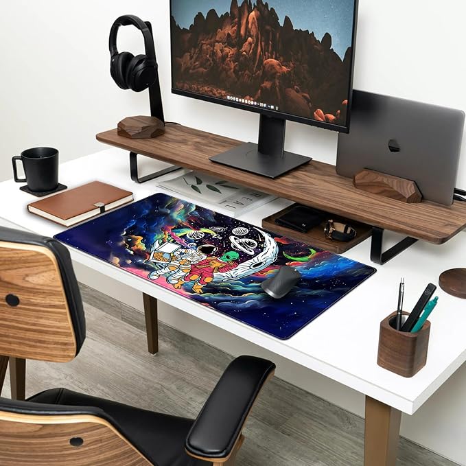 Funny Space Mouse Pad Desk Mat Astronaut Alien Large Gaming Mouse Pads Anime Desk Pad Mousepad XXL Cool Trippy Universe Extended Keyboard Mat with Stitched Edges Anti-Slip, 31.5 X 15.8 in - Image 3