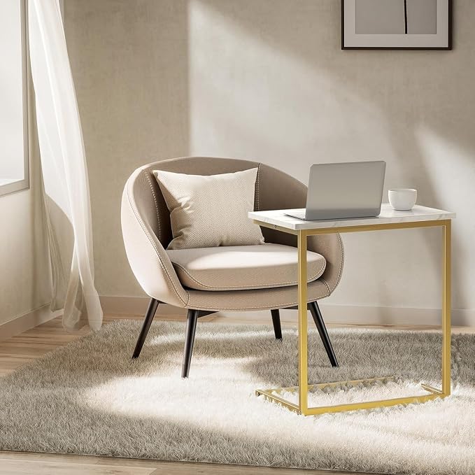 Pipishell C Shaped End Table 27 inches High, Side Table with Modern Marbling Wood Table Top for Couch Slide Under, C Table Sofa Side End Table for Living Room - Image 4