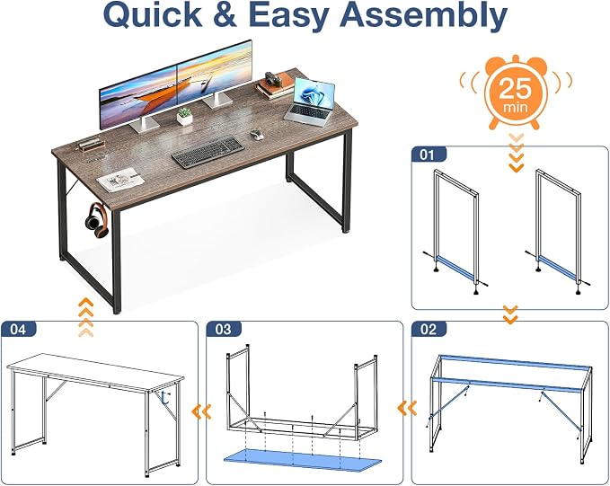 Casaottima 54 Inch Computer Desk for Home Office, Study Writing Table for Small Spaces, Simple Modern Desk with Headphone Hooks, Grey Oak - Image 5