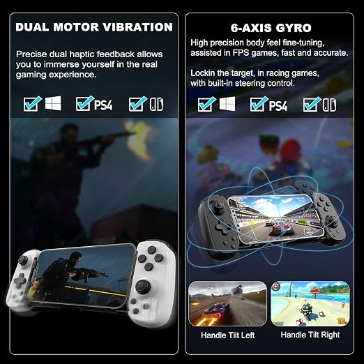 arVin Wireless Game Controller for iPhone 15/15 Plus/15 Pro/15 Pro Max/14/13/12/iPad/Android/Samsung Galaxy 23/22/21/Tablet/Switch/PS4/PC Gamepad with Hall Effect Joystick/Turbo/6-Axis Gyro/Vibration - Image 7