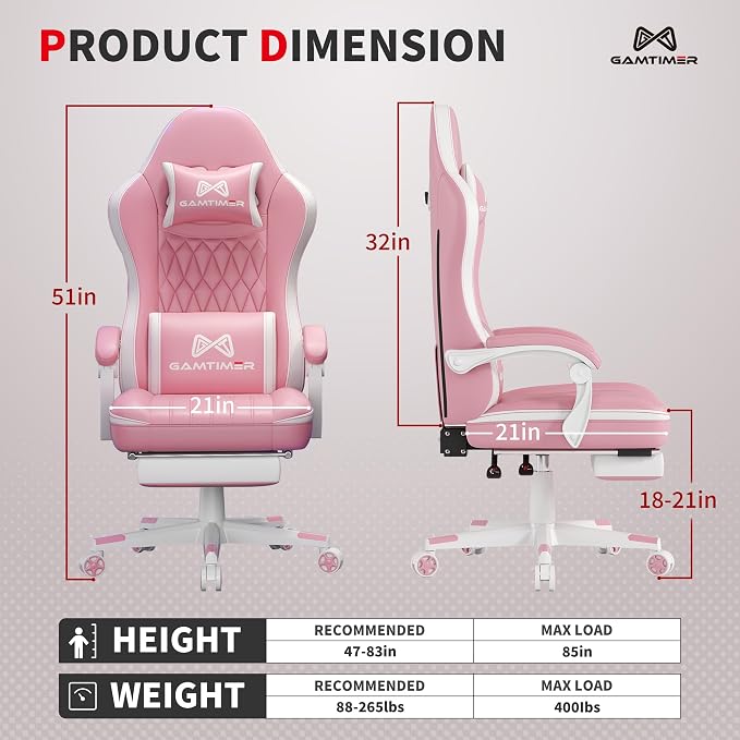 Gamtimer Gaming Chair with Footrest, Ergonomic Computer Chair, PU Breathable Material with Headrest and Lumbar Support, Suitable for Silla Gamer and Adults(Pink) - Image 3