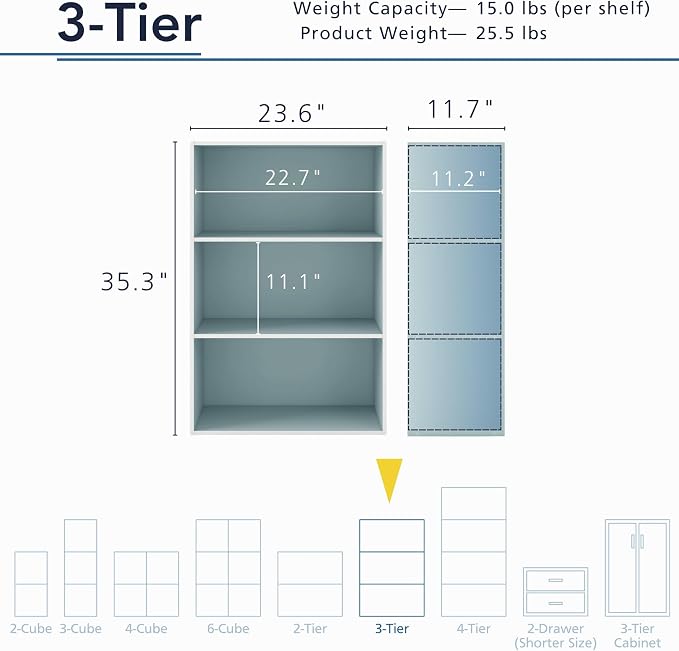 Homes: Inside + Out Apexa 3-Tier Cube Storage Organizer Shelves, Stackable Wood Bookcase Fits Cubby Bins for Organization, Dorm Teen Room Decor & Home Office, Light Blue - Image 3
