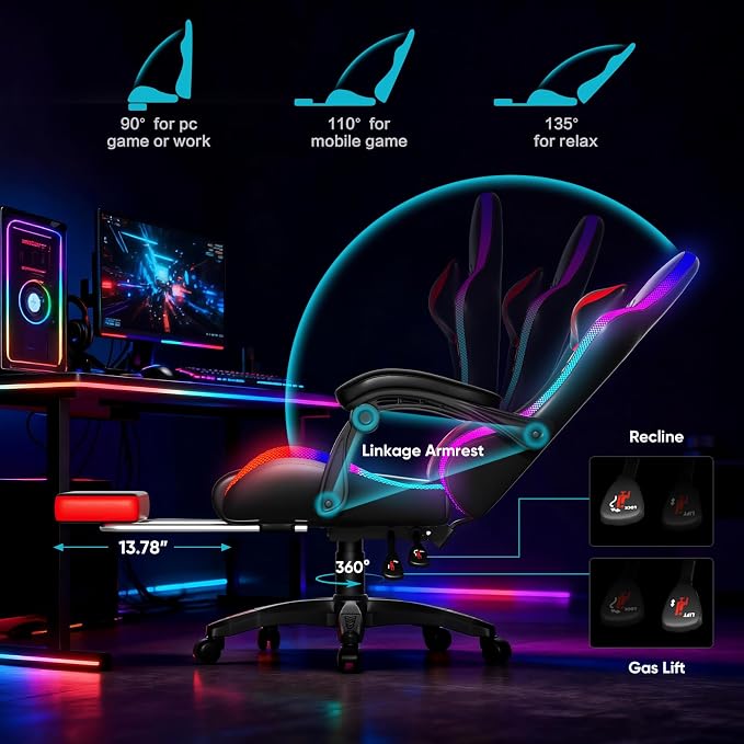 Czlolo Gaming Chair, Racing Style RGB LED Lights Gaming Chairs for Adults and Kids, Lumbar Massager Gamer Chair, High Back Reclining Computer Chair with Footrest and Headrest (Black/Red) - Image 6