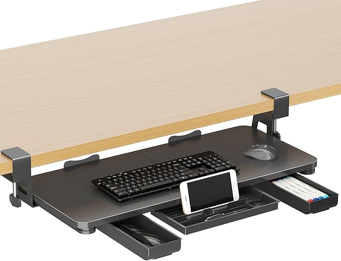 XINLEI Keyboard Tray Under Desk with Storage Drawer Large C-Clamp 26.7”(31” Including Clamps) x 11.8” Slide-Out Platform Computer Drawer Pull Out Keyboard & Mouse Tray DSF7CT by XINLEI